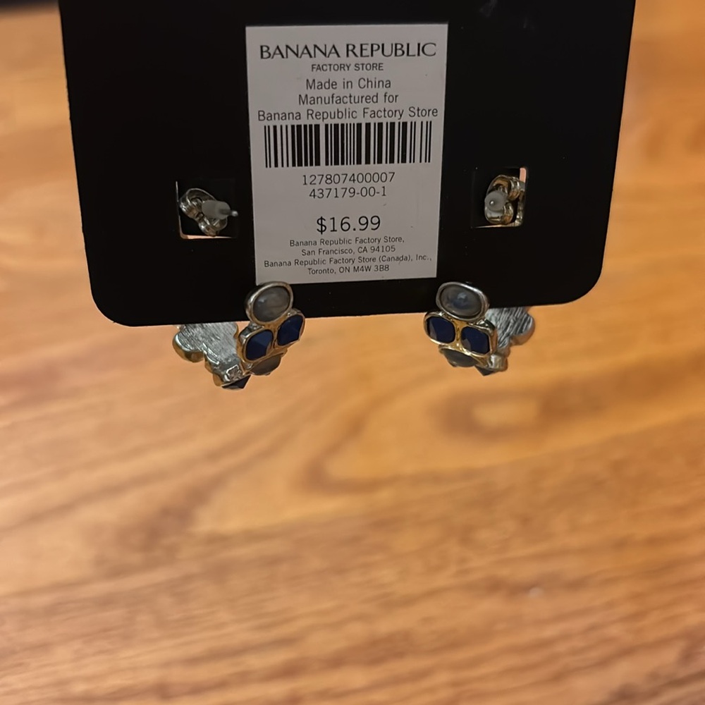 NEW Banana Republic Gold Turquoise Blue Stone Stud Hoop Earrings Gold Tone - Picture 5 of 10